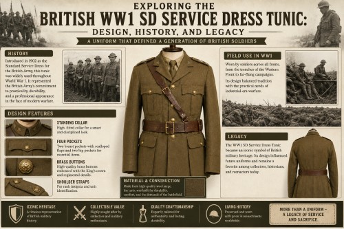 The British WW1 SD Service Dress Tunic is one of the most recognizable militaria from the First World War. It epitomizes a multitude of social processes, military conventions, and technological progressions shaped by the war. In this article, we discuss the design and historic importance of the uniform and the impact it had on military history.