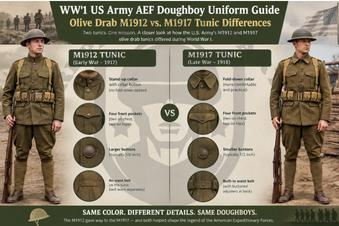 WW1 US Army AEF Doughboy Uniform Guide: Olive Drab M1912 vs. M1917 Tunic Differences